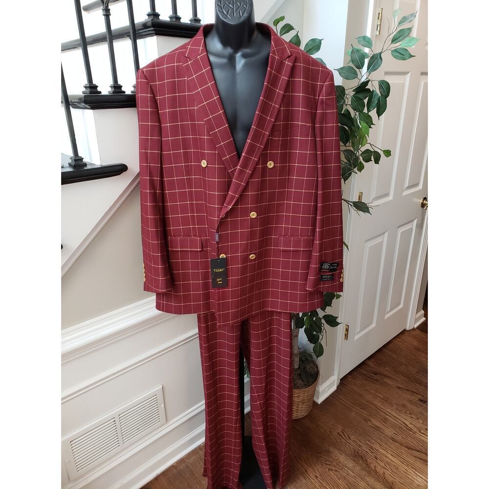 Vitali 2 Piece Suit Mens 52/47W Brick Plaid Pockets Double Breasted Six Button